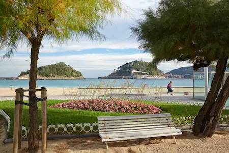 Un banco de madera reposando sobre la arena, rodeado de un ambiente tranquilo y soleado en la playa de La Concha.