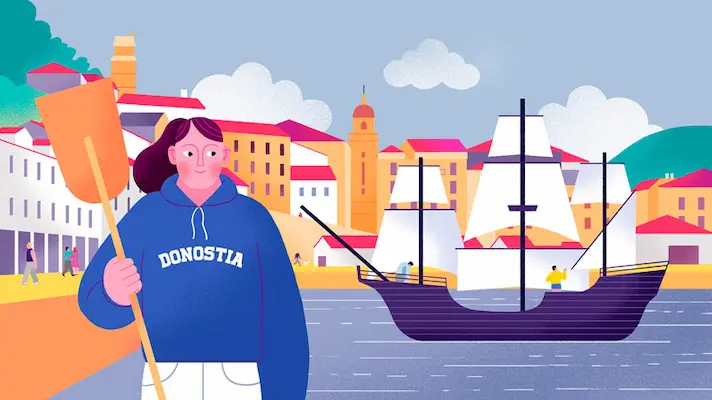 Ilustración de una joven con remo frente a un puerto con barco y edificios coloridos.