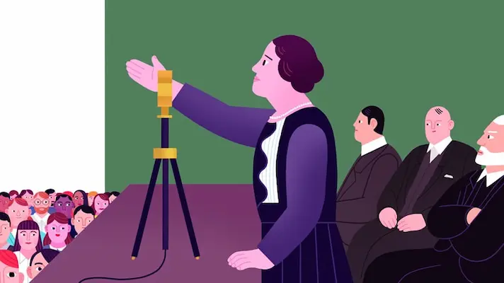 Ilustración de una mujer dando un discurso frente a una multitud atenta, con gestos expresivos y un micrófono en mano.