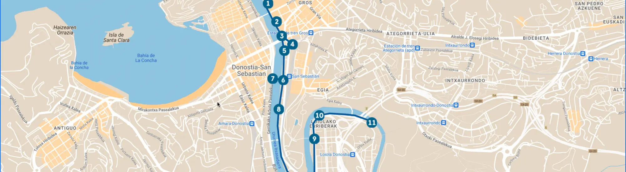 3,8 km eta 11 geldialdi nabarmeneko ibilbidea Urumea ibaiaren ertzean.