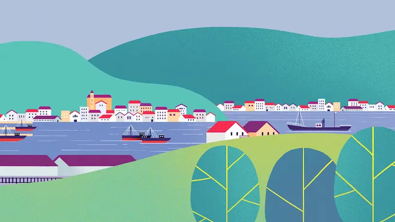 Ilustración de la localidad de Alza, con embarcaciones en primer plano y casas coloridas al fondo.