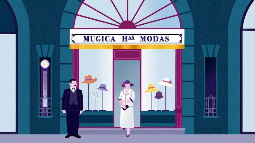 Ilustración de la Reina Victoria Eugenia alfrente de una tienda de sombreros en Donosti.