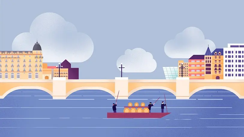 Ilustración colorida de la ciudad junto al río Urumea, con un barco navegando en sus aguas tranquilas.