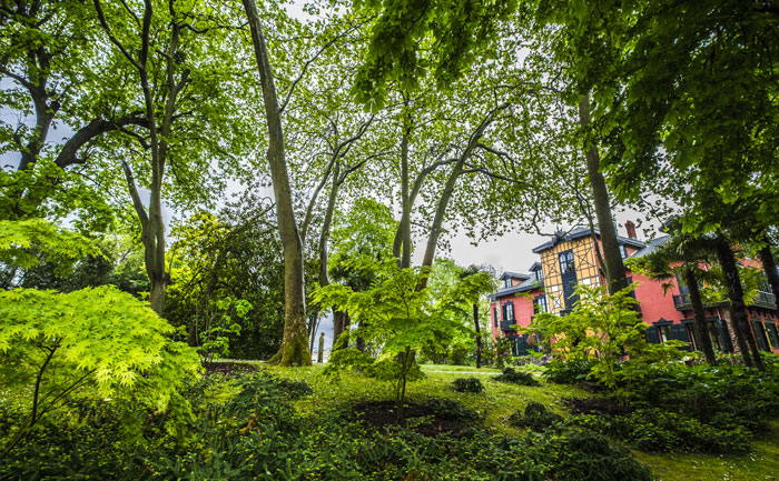Rincones verdes y frondosos árboles del parque Cristina Enea en Donostia / San Sebastián